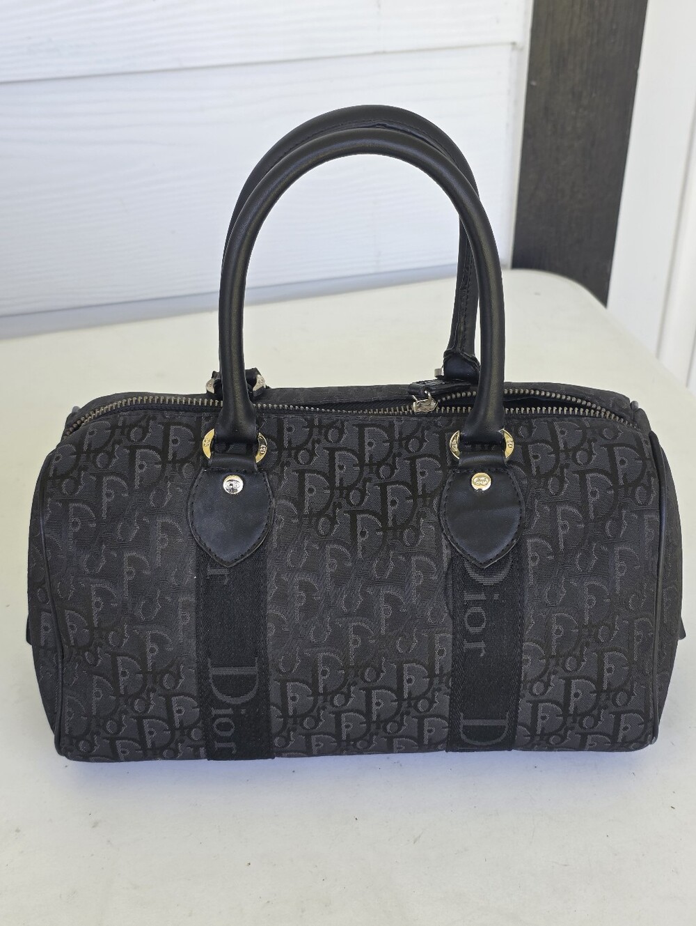 Christian Dior Trotter Monogram Boston Satchel Black Canvas Leather Handbag - Picture 8 of 13